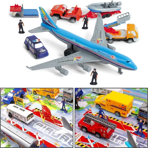 Vista 7 de Juego de 57 piezas de aeropuerto comercial con juguetes de avión, vehículos de juego, camiones de bomberos, autos y figuras de policía, y accesorios