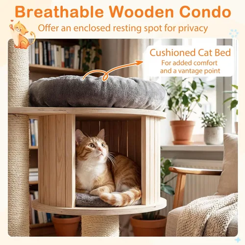 Vista 4 de Tangkula Árbol moderno para gatos, torre grande de varios niveles con condominio, hamacas y cesta colgante, árbol alto para gatos con postes