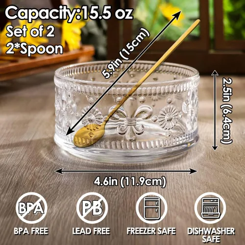 Vista 3 de Cuencos de vidrio para postre, cuenco para servir con cuchara dorada, cuencos para helado de postre, helado, cereales, nueces, pudín