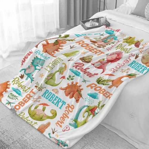 Vista 41 de Manta de regalo personalizada de dinosaurio con nombre para niñas, niños, recién nacidos, dinosaurio, manta personalizada para envolver al bebé