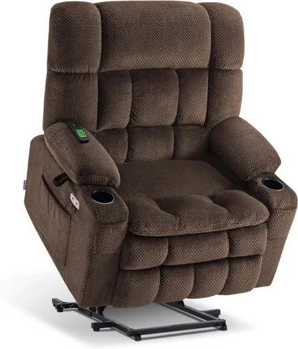 Vista 22 de MCombo Silla reclinable eléctrica de motor dual con masaje y calor para personas mayores, posición infinita, puertos USB, portavasos, tela 7890 Beige