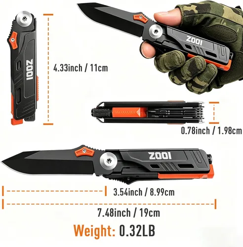 Vista 8 de ZOOI - Multiherramienta de bolsillo con iniciador de fuego LED, regalos de cumpleaños para hombres y él, herramientas de bolsillo 12 en 1