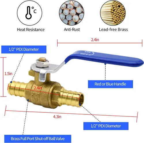 Vista 2 de 4 piezas de válvulas de bola PEX, válvula de bola de latón PEX de 1/2" de puerto completo, válvula de bola de cierre de puerto completo, giro