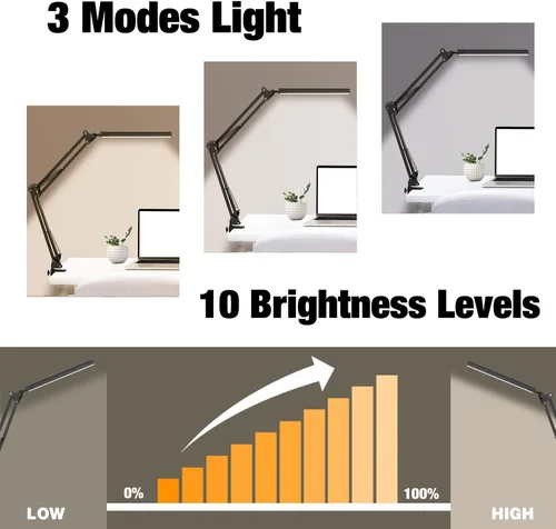 Vista 2 de Lámpara de escritorio LED, lámpara de escritorio con brazo oscilante con abrazadera, 3 modos, 10 niveles de brillo para arquitecto infantil, función
