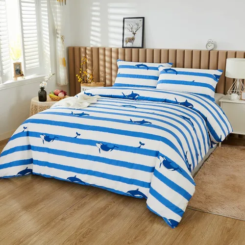 Vista 8 de Brandream Juego de ropa de cama de algodón para niños, tamaño matrimonial, juego de ropa de cama de ballena a rayas azul náutica, juego de cama