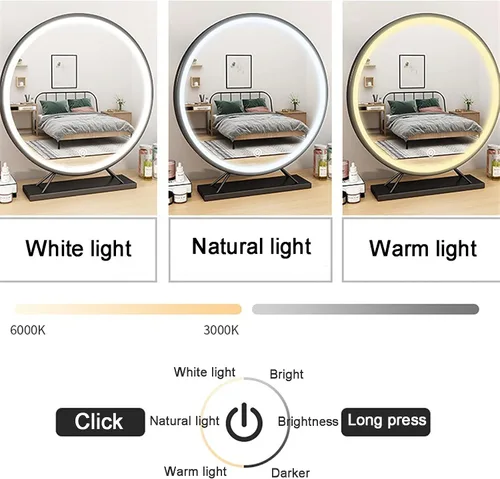 Vista 3 de Tocador con espejo de luces LED, brillo ajustable de luz de 3 colores, mesa de maquillaje con armario y cajón de almacenamiento, taburete acolchado