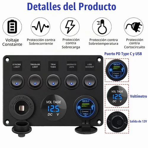 Vista 2 de Panel de interruptor basculante de 5 posiciones con PD Tipo-C, cargador USB, voltímetro digital y salida de 12V para automóvil, barco, camión