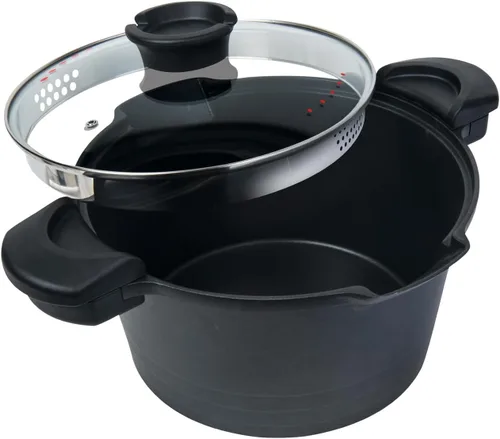 Vista 2 de MasterPan Olla antiadherente para pasta de 5 cuartos de galón con asas de bloqueo y colador fácil de verter, 9 pulgadas