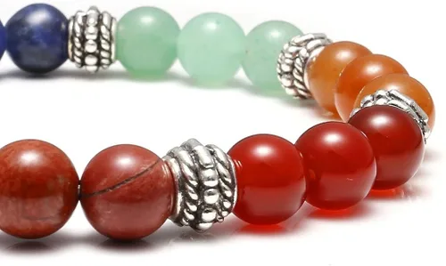 Vista 2 de Top Plaza Pulsera de curación de 7 chakras Reiki piedras reales yoga meditación mala pulseras elásticas para mujer aleación de plata dije de árbol