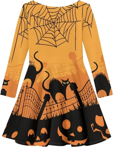 Vista 2 de Vestido para niñas pequeñas, vestido de Halloween para fiesta, cosplay, disfraces de manga larga, línea A, vestido de patinadora para otoño
