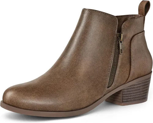 Vista 14 de Mysoft - Botines de tobillo para mujer con tacón bajo grueso y puntera redonda, estilo casual, cómodos, cortos con cremallera lateral PU Coñac