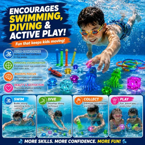 Vista 6 de JoyX - Juego de 35 piezas de juguetes de buceo para piscina con cubos LED, gafas y bolsa de transporte Glow-in-the-dark toys, 5 LED light-up