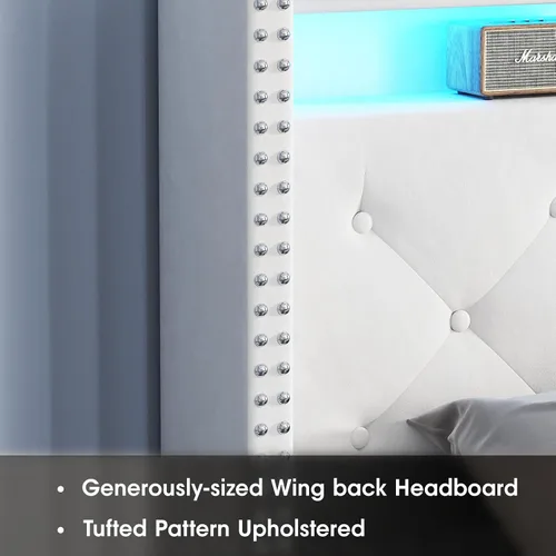 Vista 6 de Vabches Base de cama de tamaño matrimonial con cabecera LED, plataforma tapizada de terciopelo con luces y estación de carga, cabecera