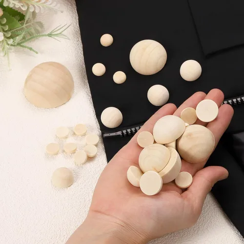 Vista 4 de uxcell 15 cuentas de media madera, bolas de hemisferio sin terminar de 1.38 pulgadas redondas de madera natural para manualidades, adornos