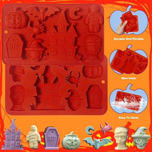 Vista 7 de Moldes de silicona para Halloween, 2 moldes de silicona para chocolate, molde 3D de caramelo de chocolate de Halloween, castillo, luna, bruja