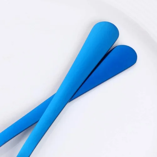 Vista 4 de MINGYU Juego de 12 cucharas de acero inoxidable – Cucharas de sopa de mesa azul, cuchara de titanio de 7 pulgadas para comer, cucharada apta