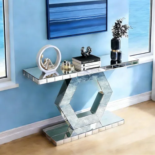Vista 19 de SSLine Mesa de consola negra con espejo para sala de estar, mesa de entrada moderna de espejo de 43 pulgadas con base de cristal en forma de O