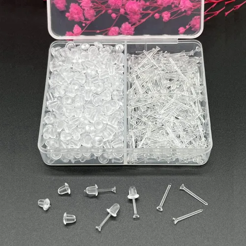 Vista 5 de Aretes de plástico transparente para deportes, 300 pares de aretes transparentes y parte trasera de aretes, cabeza de copa de 0.079 pulgadas 0.079