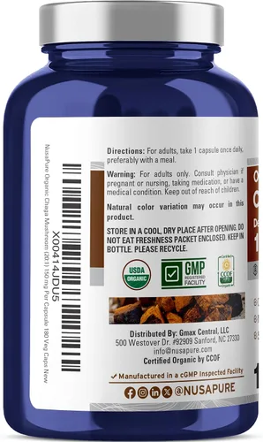 Vista 3 de NusaPure Champiñón Chaga, 150 mg, 180 cápsulas vegetales (USDA orgánico, vegano, sin OMG)