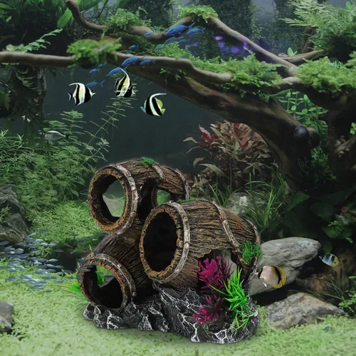Vista 8 de UNEAK - Decoraciones de acuario Tres barriles rotos apilados Decoración de pecera Ornamento Paisajismo Sobre Rocas Cueva Agua Salada Agua Dulce