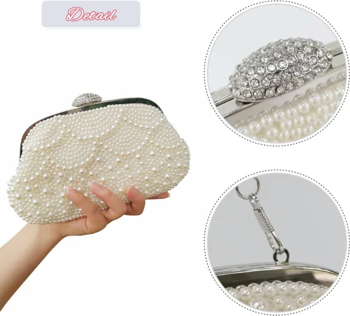 Vista 7 de Aovtero Bolso de mano de perlas para mujer, bolso de noche formal con cuentas completas con cadena