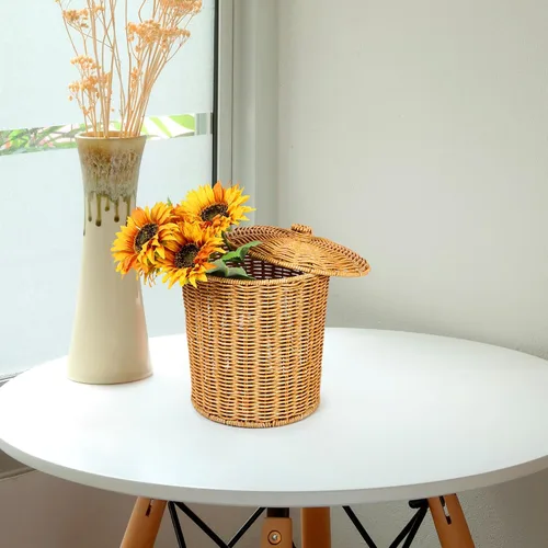 Vista 3 de PRETYZOOM Cesta de lavandería portátil con tapa, papelera tejida de mano, organizador de artículos diversos para dormitorio, baño, almacenamiento