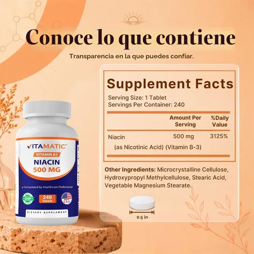 Vista 2 de Vitamatic Niacina (vitamina B3) 500 mg, 240 tabletas - Sin OMG y sin gluten