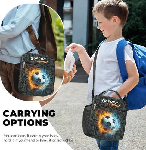 Vista 2 de Clastyle Bolsa de almuerzo con aislamiento 3D para niños, bolsa térmica grande para niños, picnic, escuela, lonchera tote, fútbol de fuego