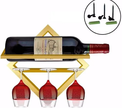 Vista 6 de Paquete de 2 estantes de metal para vino montado en la pared, estante para botellas de vino y colgador de copas, estante de almacenamiento de vino