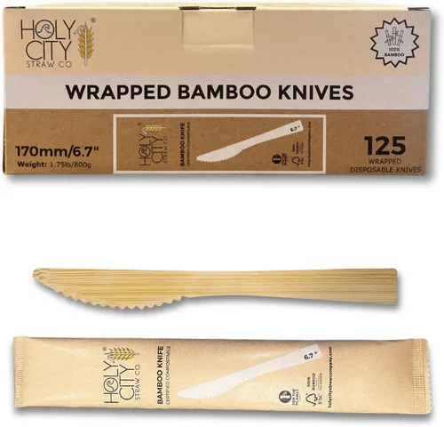 Vista 17 de Juego de cubiertos desechables de bambú envueltos 100 paquetes 1 cuchillo, 1 tenedor, 1 cuchara y 1 servilleta Kraft Utensilios biodegradables