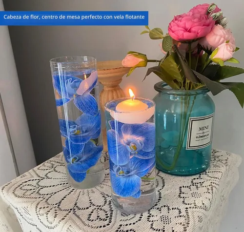 Vista 2 de 20 piezas de orquídeas artificiales azules para centros de mesa de velas flotantes, cabeza y tallo de flores sintéticas, ramo de manualidades