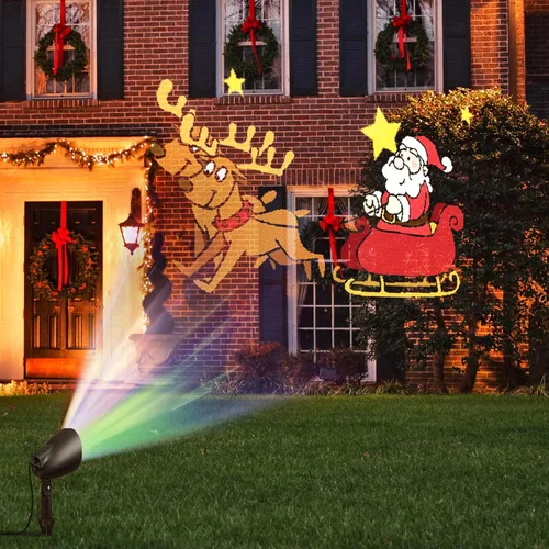 Vista 9 de Goplus Proyector de luces de Navidad al aire libre, lámpara de proyección LED de Papá Noel en trineo con ángulo ajustable de 65°, estaca de césped