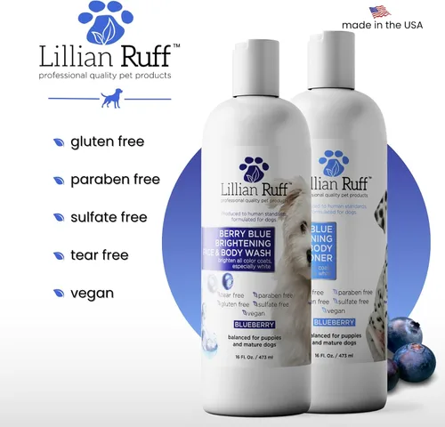 Vista 6 de Lillian Ruff Fórmula PRO Berry Blue Brightening Set de Champú y Acondicionador para Perros - Blanqueador de Calidad Profesional para Exposiciones