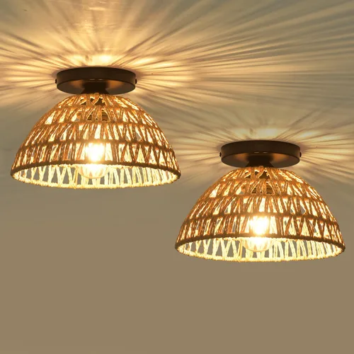 Vista 10 de 1 paquete de lámparas de granja para montaje en techo, mini lámpara de techo de ratán bohemio semiempotrada, accesorios de luz de pasillo tejidos a