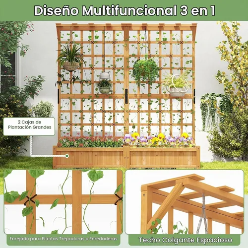 Vista 4 de HAPPYGRILL Cama de jardín elevada de 71 pulgadas con enrejado y 2 techos