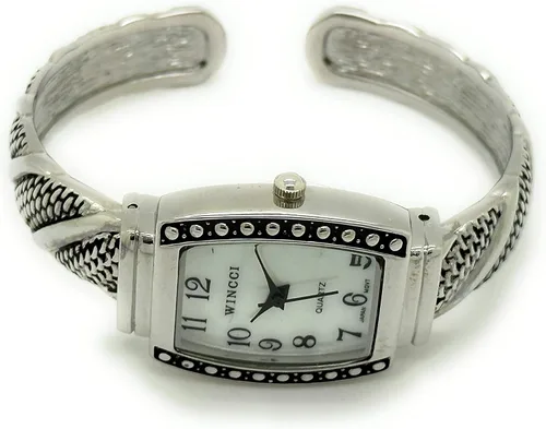 Vista 3 de Wincci Estuche rectangular para mujer con pequeños tachuelas, brazalete de metal, reloj analógico de cuarzo, esfera de nácar fácil de leer, números