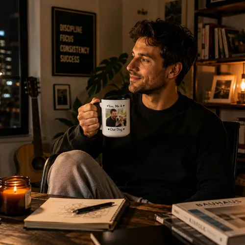 Vista 2 de Tazas de café de cerámica personalizadas de 15 oz con texto personalizado e imagen fotográfica, regalo novedoso, personalizado con diferentes Negro