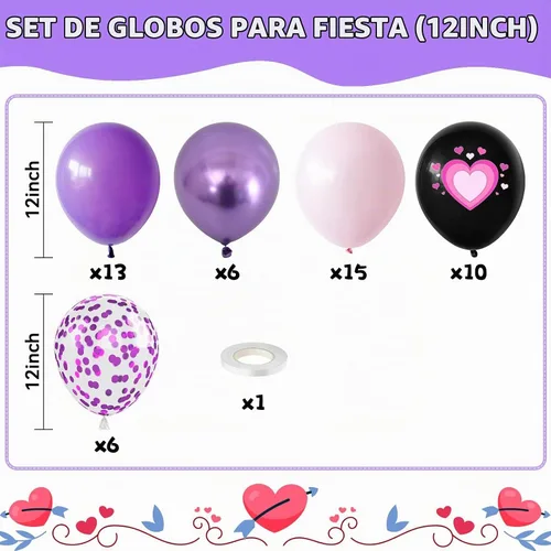 Vista 2 de Globos rosa púrpura negros, 50 unidades de 12 pulgadas, globos de cumpleaños con forma de corazón impresos en color rosa púrpura metálico negro