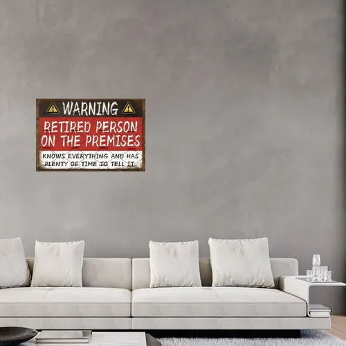 Vista 7 de EMOHAT Cartel de aluminio vintage divertido con advertencia de persona jubilada en las instalaciones, letreros de metal para regalos de jubilación