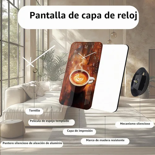 Vista 6 de Reloj de pared de taza de café para cocina, reloj de pared rectangular de madera, funciona con pilas, 12 pulgadas, relojes rústicos vintage