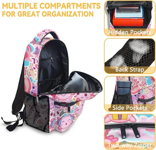 Vista 6 de Axolotl - Mochila para niños y niñas, bonita mochila escolar de 16 pulgadas, bolsa grande para estudiantes, Color 1, Mochilas Daypack