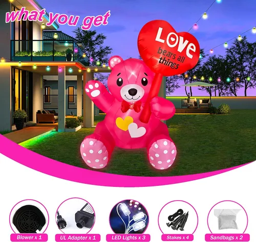 Vista 7 de SEASONBLOW Oso inflable de 4 pies para el día de San Valentín con corazón iluminado por LED, decoración para patio, césped, jardín, hogar, fiesta