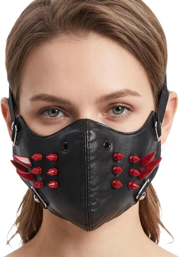 Vista 2 de PURFUN Máscara de cuero con tachuelas punk con tachuelas, máscara gótica de Red Rivets