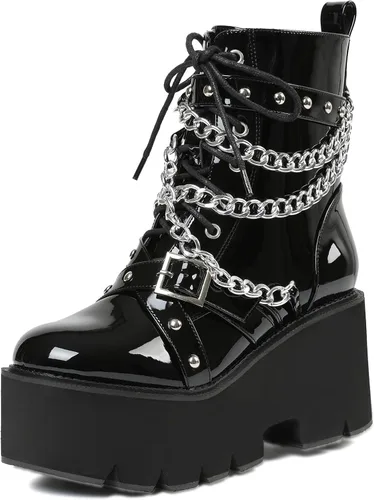 Vista 17 de mikarka Platform Boots for Women - Womens Combat Boots with Chain Design 1-negro