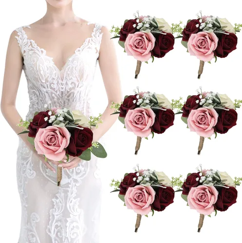 Vista 17 de Ramo de dama de honor artificial para boda, ramo de flores de seda prefabricadas de 7 pulgadas, ramo de flores pequeñas para dama de honor