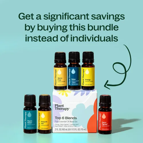 Vista 5 de Plant Therapy Juego sinergias de 6 mejores aceites esenciales. Incluye: desestresante, energía, contra los gérmenes, relajación, ayuda inmunológica