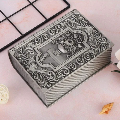 Vista 6 de Metal Retro False Book Jewelry Storage Box Necklace Organizer Home Decoration Tin Alloy 12.5x10x5cm