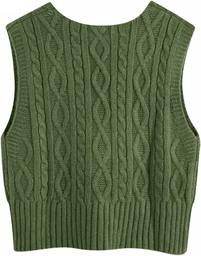 Vista 2 de Aoysky Suéter chaleco con cuello en V para mujer, sin mangas, suéter de punto trenzado, color sólido, sin mangas, ajuste holgado