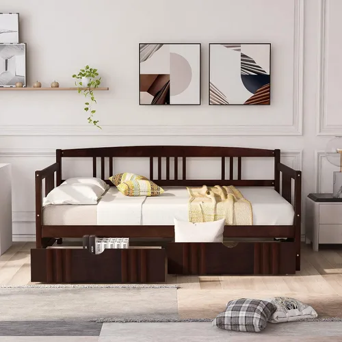 Vista 3 de Sofá cama de madera maciza con dos cajones, soporte de listones de madera, marco de cama para dormitorio, sala de estar (expreso, individual)