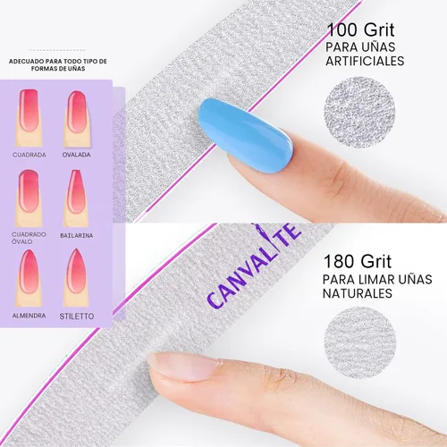 Vista 2 de Canvalite 10 limas de uñas profesionales reutilizables de doble cara (grano 100/180), herramientas de peinado de uñas para uso doméstico y de salón